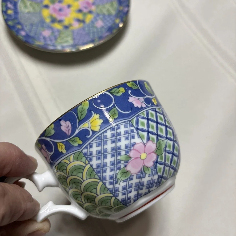 GUMP Botan Imari Tea Cup & Saucer Asian Blue Pink Green Yellow Floral